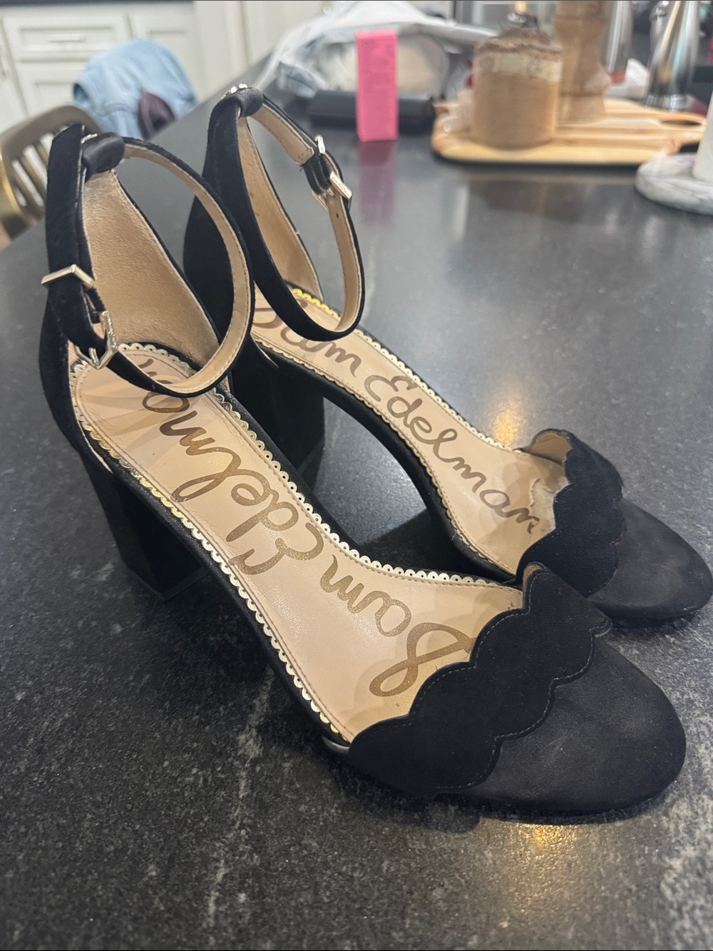 Sam Edelman Black Suede Scallop Ankle-Strap Block Heels